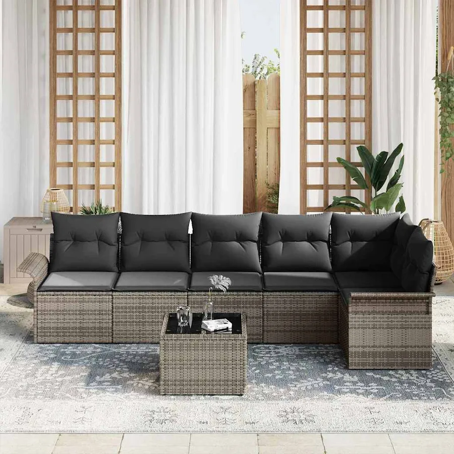 Ensemble de canapé de jardin avec coussin 7 pcs Gris Poly rotin - 3