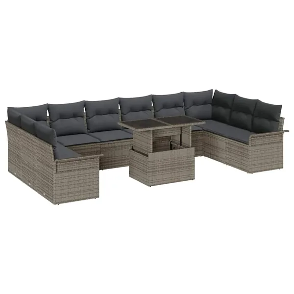 Ensemble de canapé de jardin 11 pcs Gris Poly Rattan