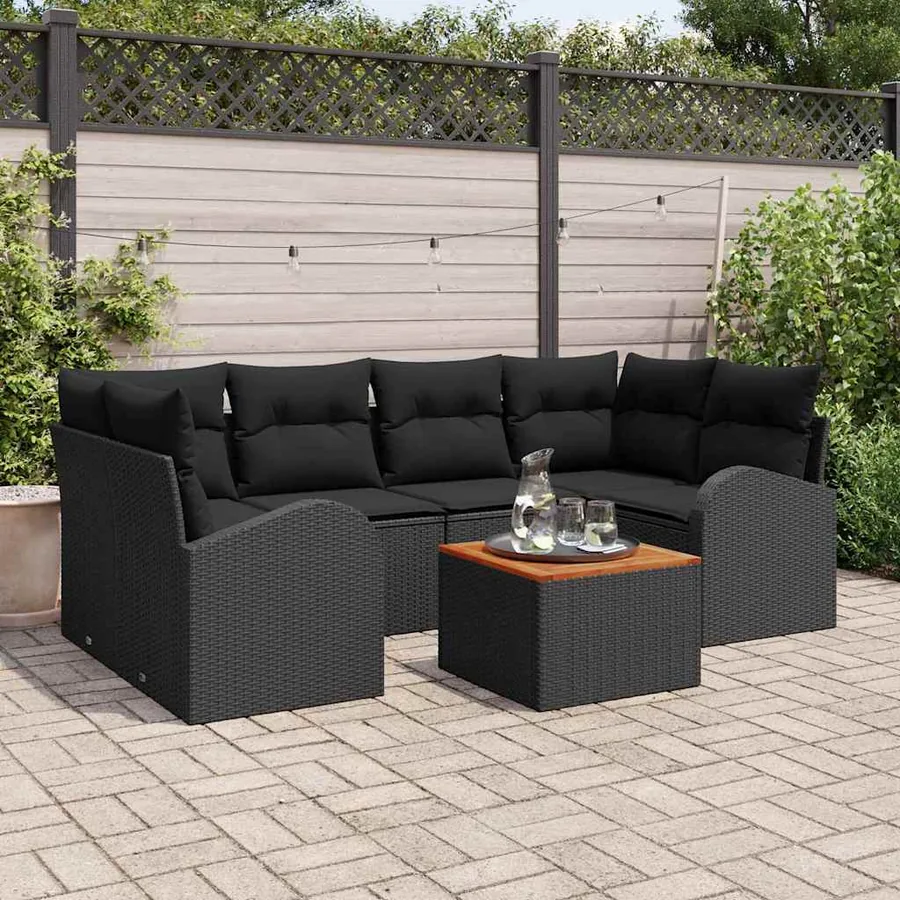 Ensemble de canapé de jardin avec coussin 7 pcs Noir polyrotin