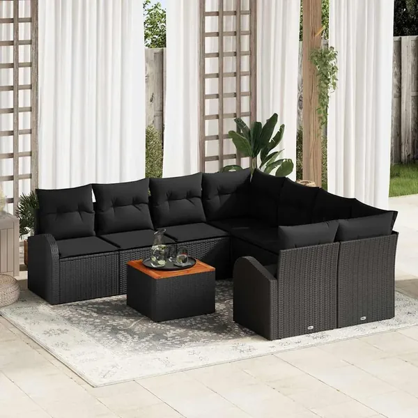 Ensemble de canapé de jardin avec coussin 9 pcs Noir polyrotin