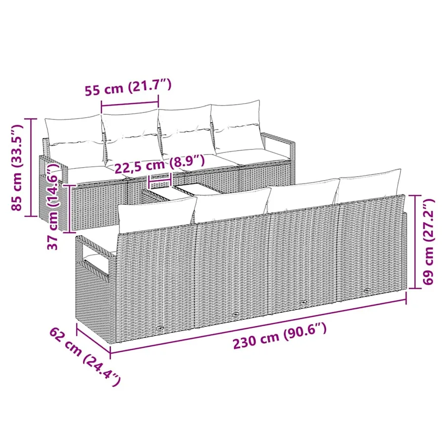 Ensemble de canapé de jardin 9 pcs Marron et Crème polyrotin - 11