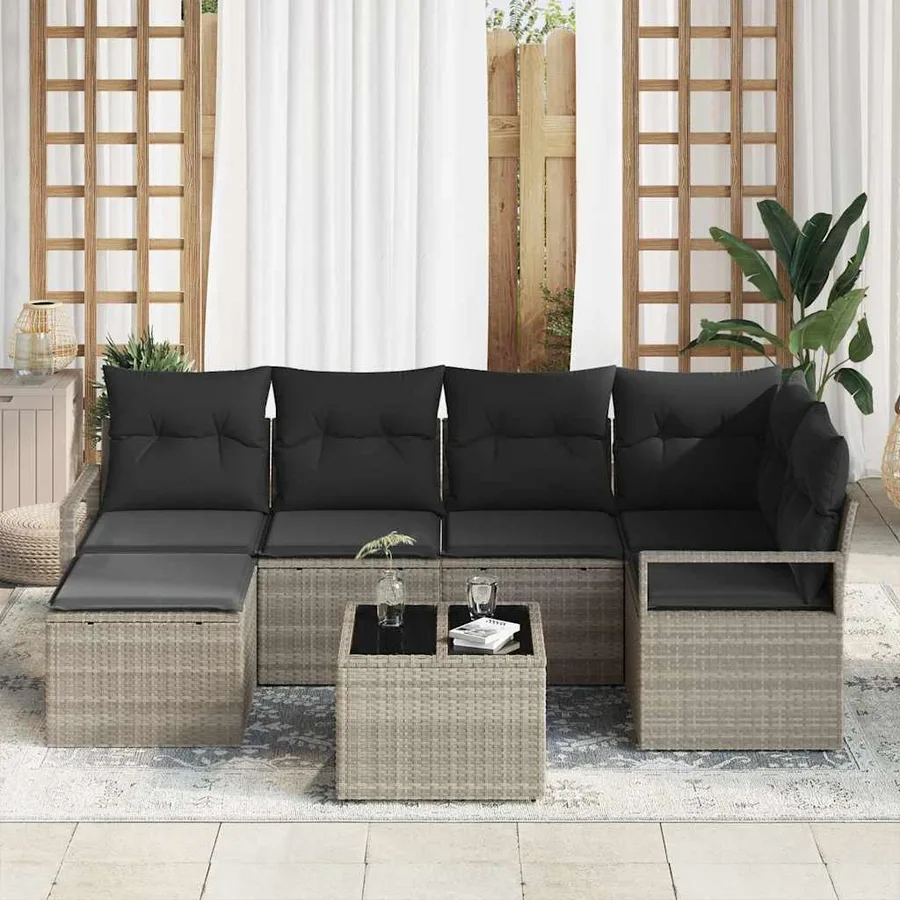 Ensemble de Canapés avec coussin 7 pcs Gris clair polyrotin - 3