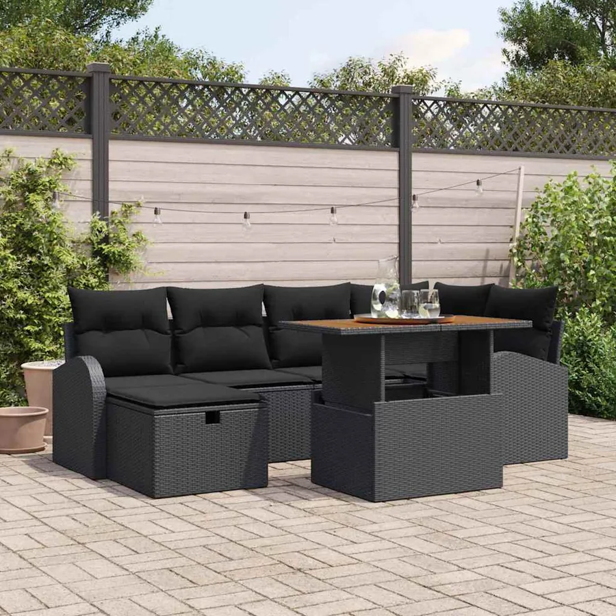 Ensemble de canapé de jardin avec coussin 7 pcs Noir polyrotin