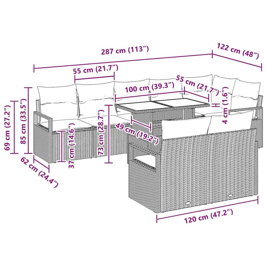 Ensemble de canapé de jardin 9 pcs Marron Poly rotin - 15