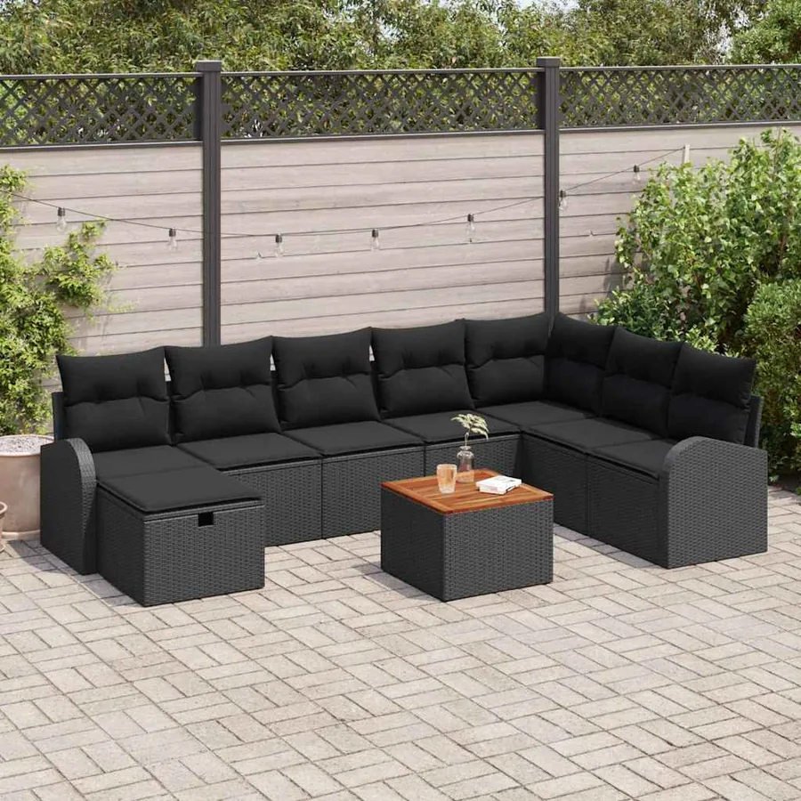 Ensemble de canapé de jardin avec coussin 9 pcs Noir polyrotin