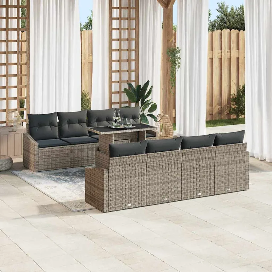 Ensemble de canapé de jardin avec coussin 9 pcs Gris polyrotin - 3