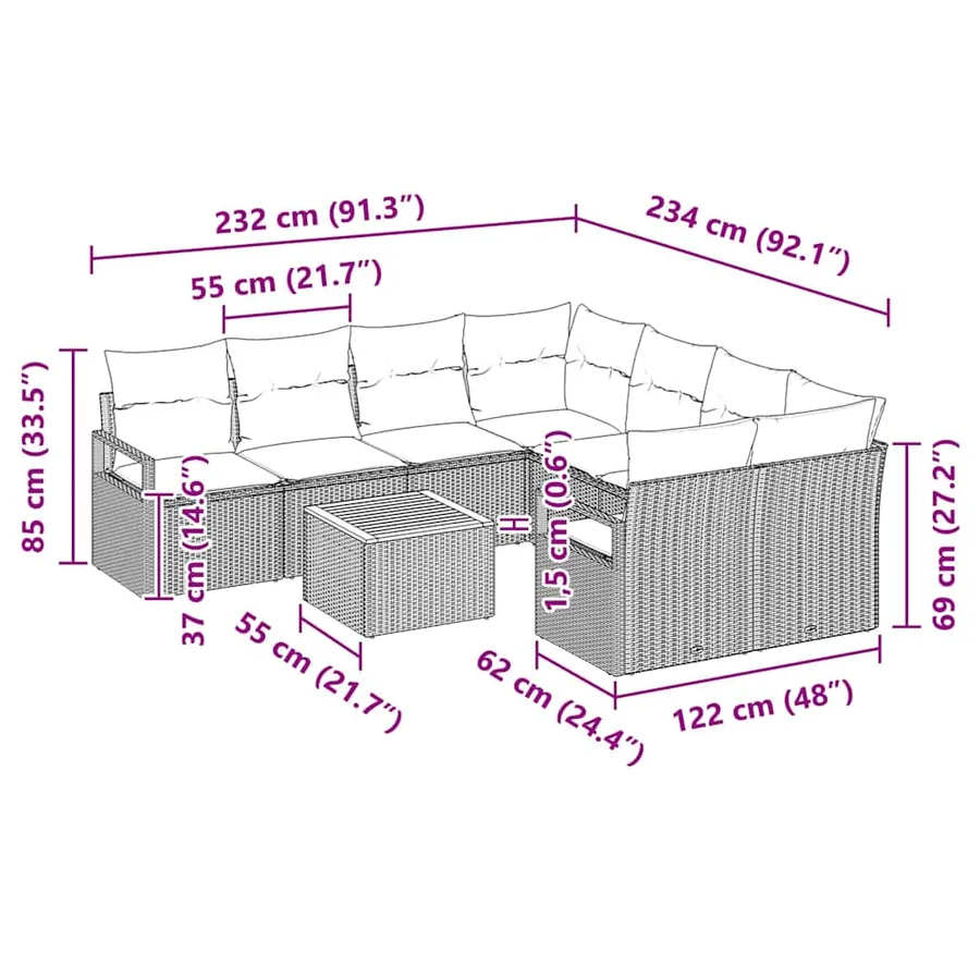 Ensemble de canapé de jardin avec coussin 9 pcs Gris polyrotin - 9