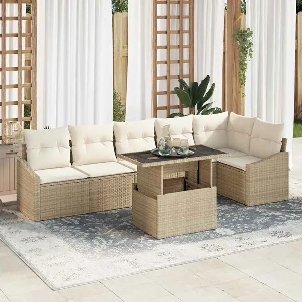 Ensemble de canapé de jardin 7 pcs Beige et crème polyrotin