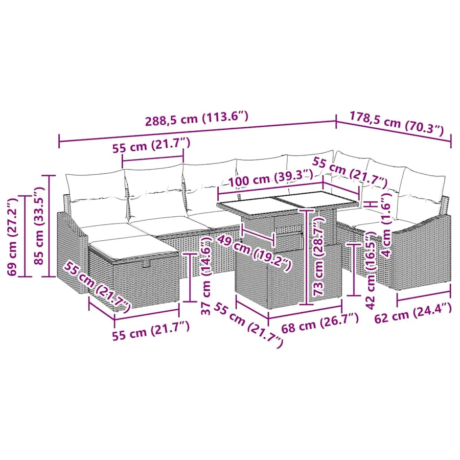 Ensemble de canapé de jardin 9 pcs Gris polyrotin - 17