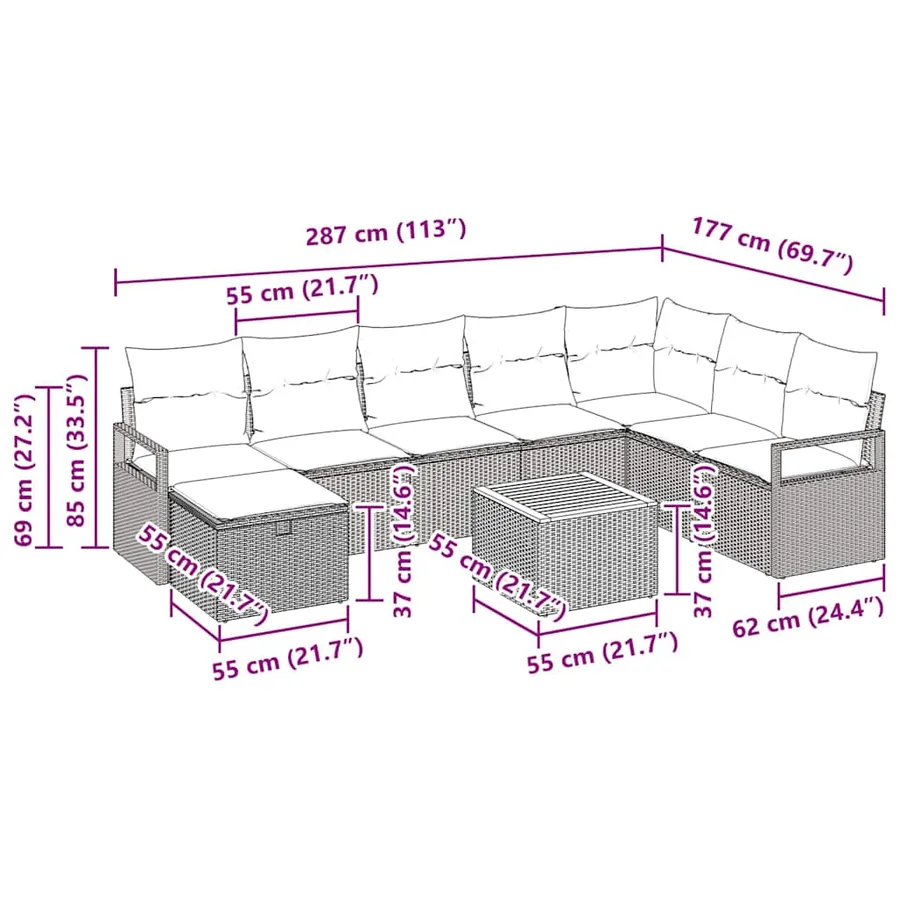 Ensemble de canapé de jardin avec coussin 9 pcs Gris polyrotin - 11