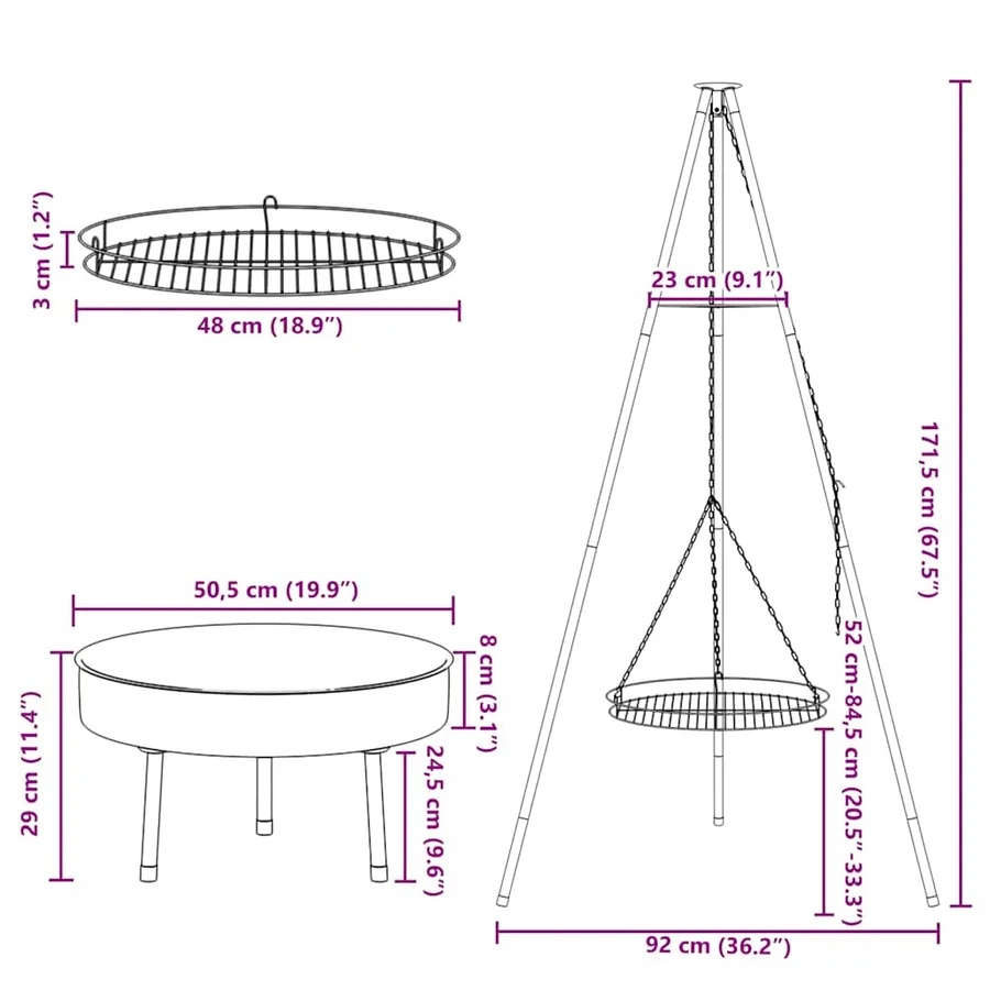 Trépied de Feu de Camp 3 pcs Noir Acier - 8