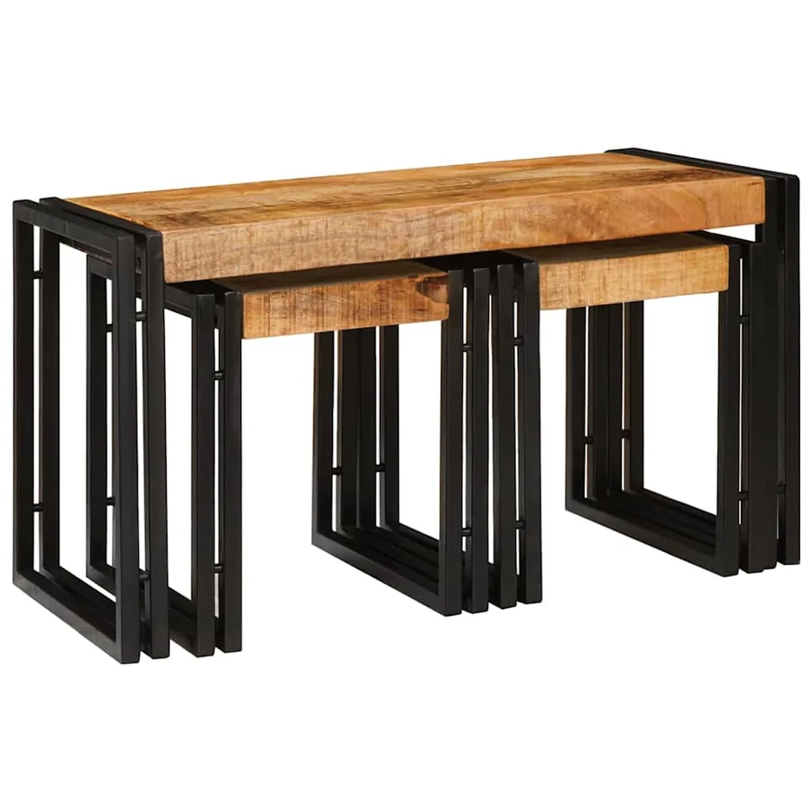 Table Gigogne 3 pcs Bois de Mangue Massif et Métal