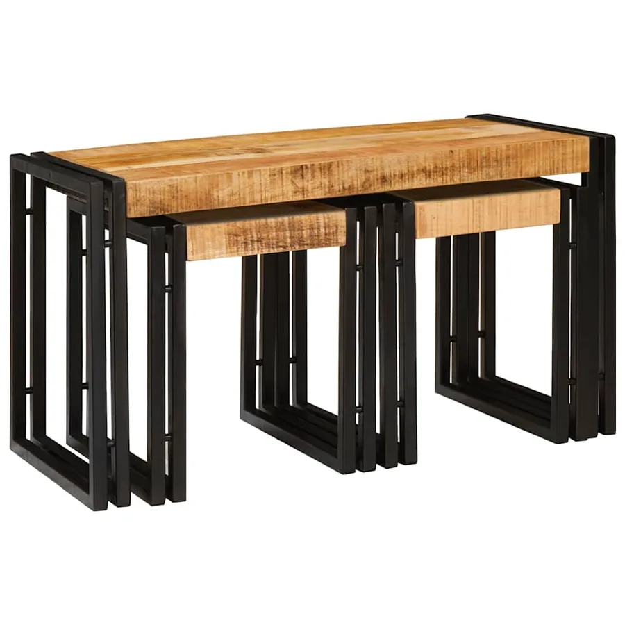 Table Gigogne 3 pcs Bois de Mangue Massif et Métal - 2