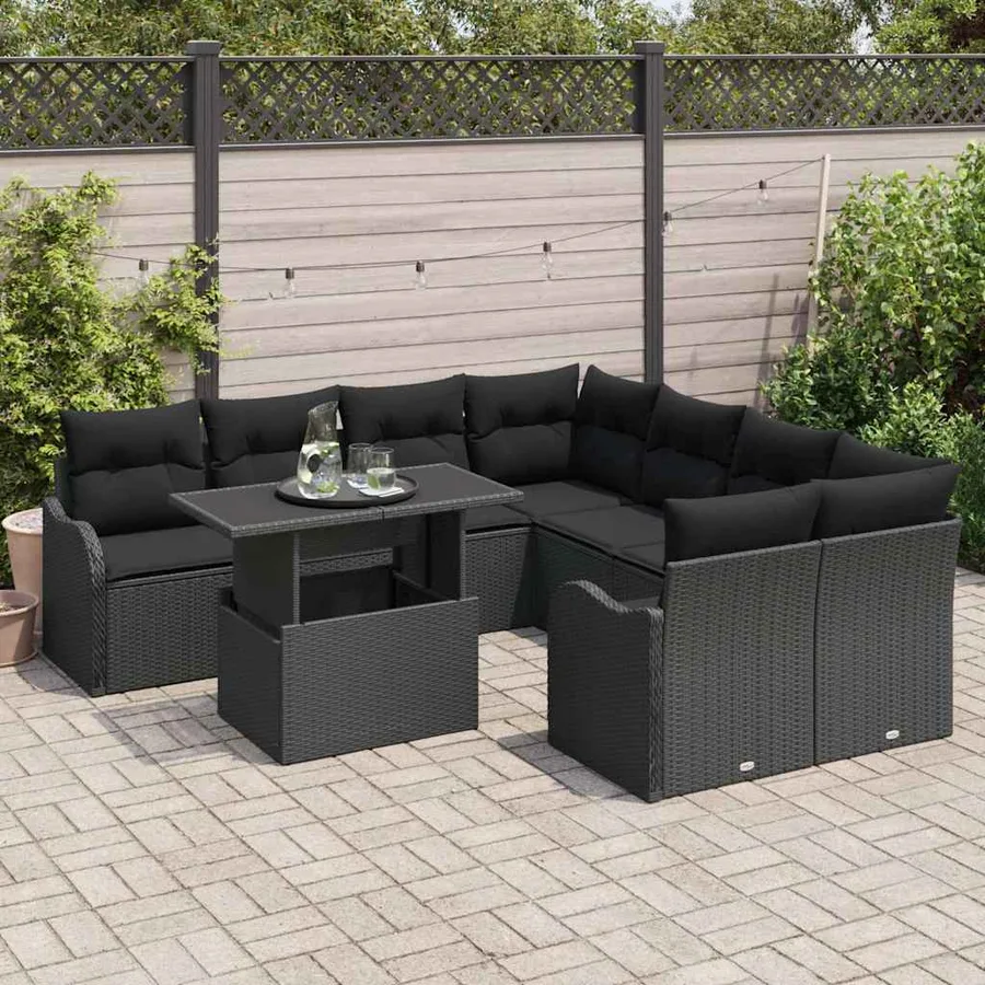 Ensemble de canapé de jardin avec coussin 9 pcs Noir Poly rotin - 3