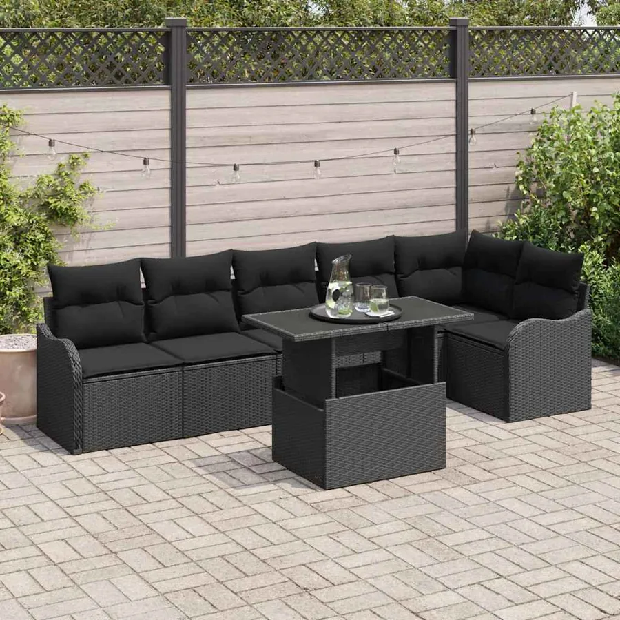 Ensemble de Canapés avec coussin 7 pcs Noir Poly rotin