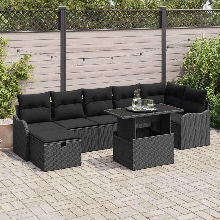 Ensemble de canapé de jardin avec coussin 8 pcs Noir Poly rotin