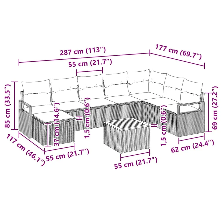 Ensemble de canapé de jardin avec coussin 9 pcs Noir polyrotin - 8