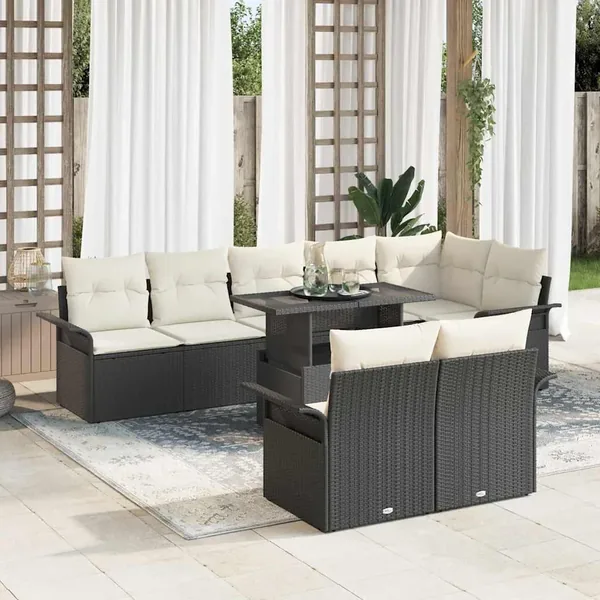 Ensemble de canapé de jardin avec coussin 9 pcs Noir Poly rotin