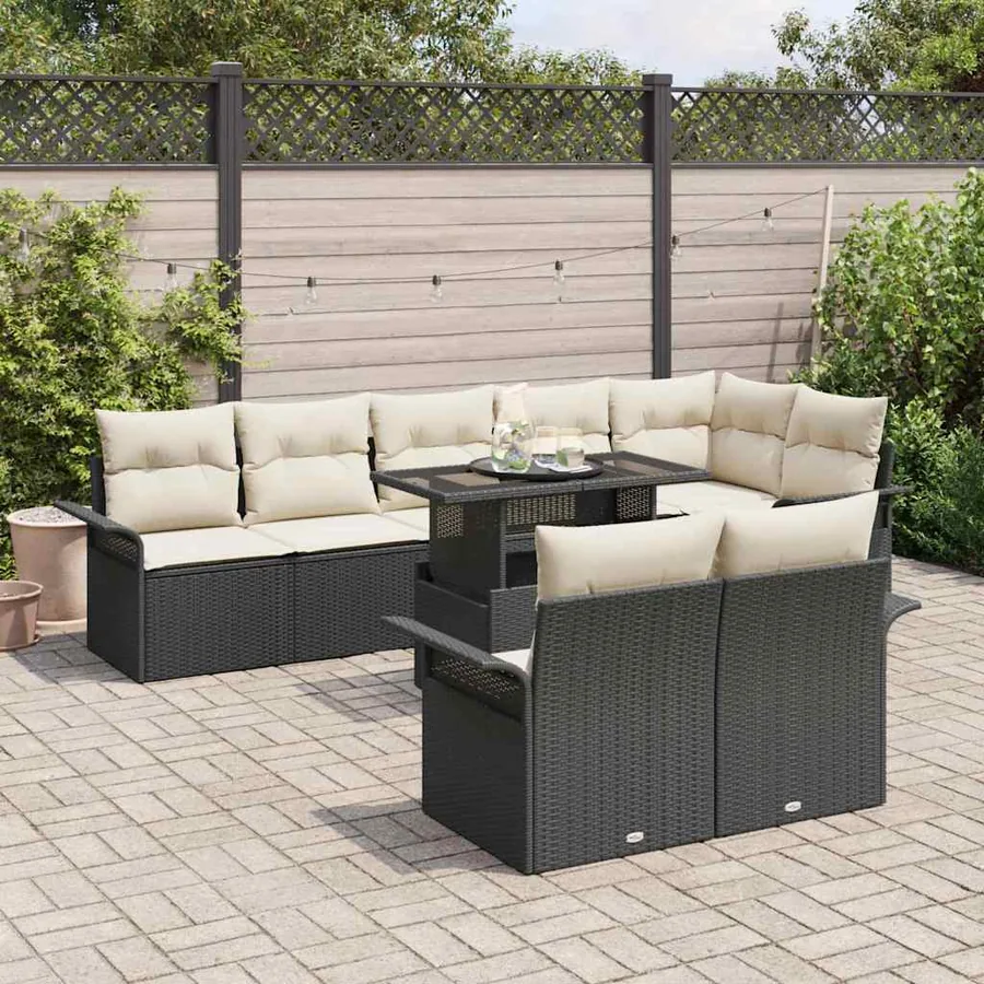 Ensemble de canapé de jardin avec coussin 9 pcs Noir Poly rotin - 3