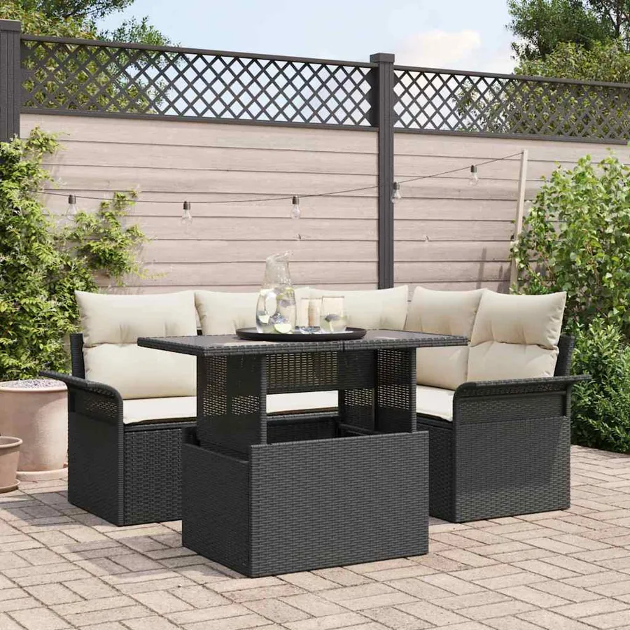 Ensemble de canapé de jardin avec coussin 5 pcs Noir Poly rotin