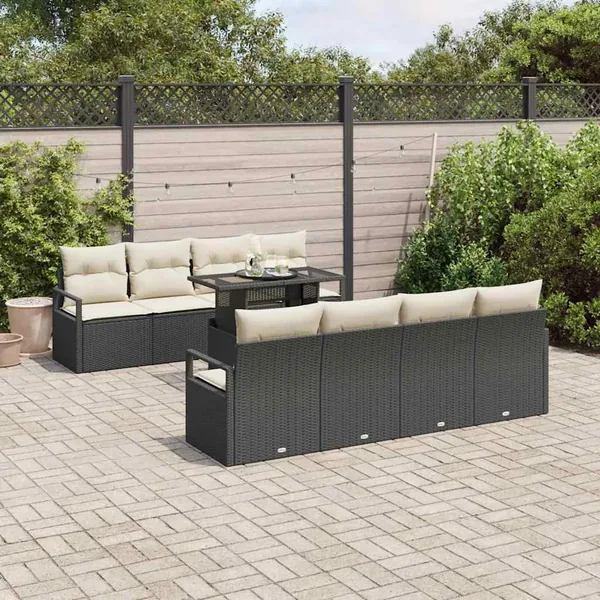 Ensemble de canapé de jardin 9 pcs Noir et Crème polyrotin