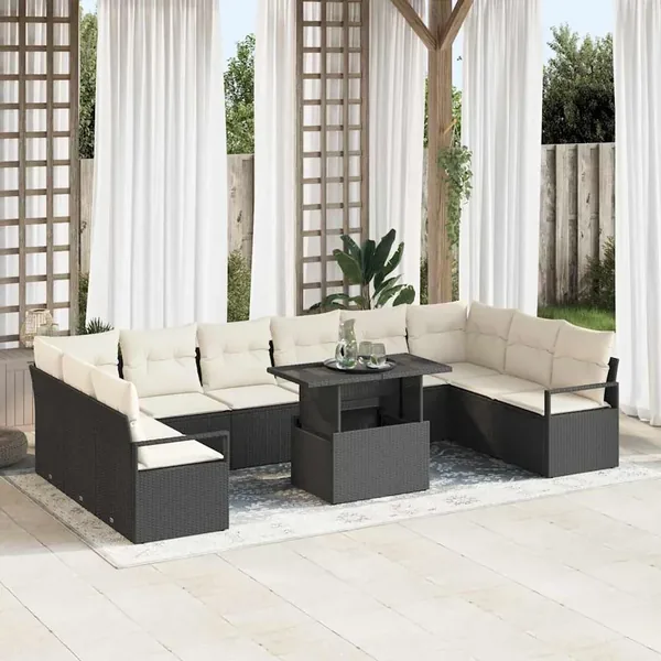 Ensemble de canapé de jardin 11 pcs Noir et crème polyrotin