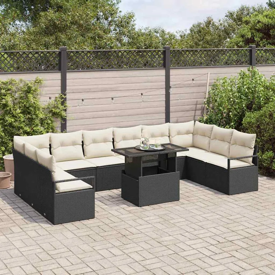 Ensemble de canapé de jardin 11 pcs Noir et crème polyrotin - 3