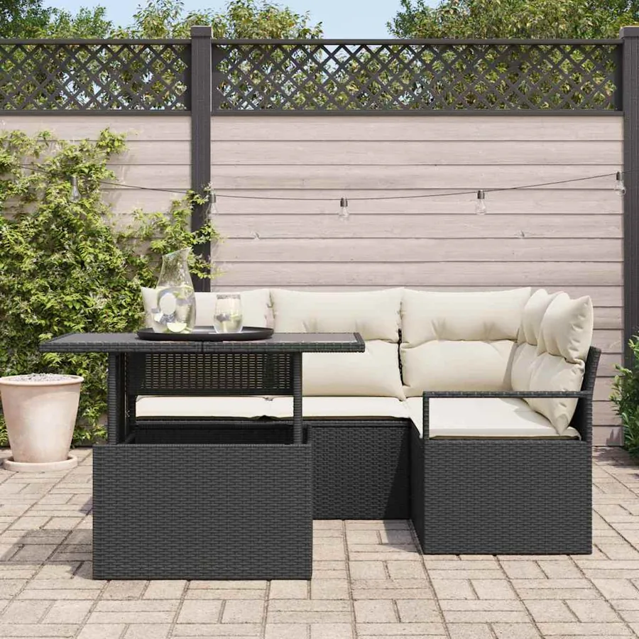 Ensemble de canapé de jardin 5 pcs Noir et crème polyrotin - 3