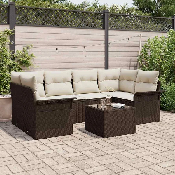 Ensemble de canapé de jardin 7 pcs Marron et Crème polyrotin
