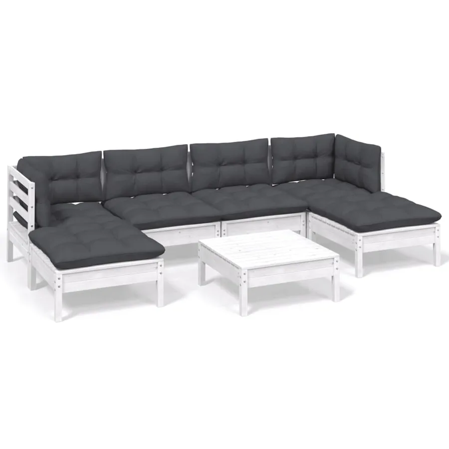 Salon de jardin 7 pcs avec coussins blanc bois de pin - 2