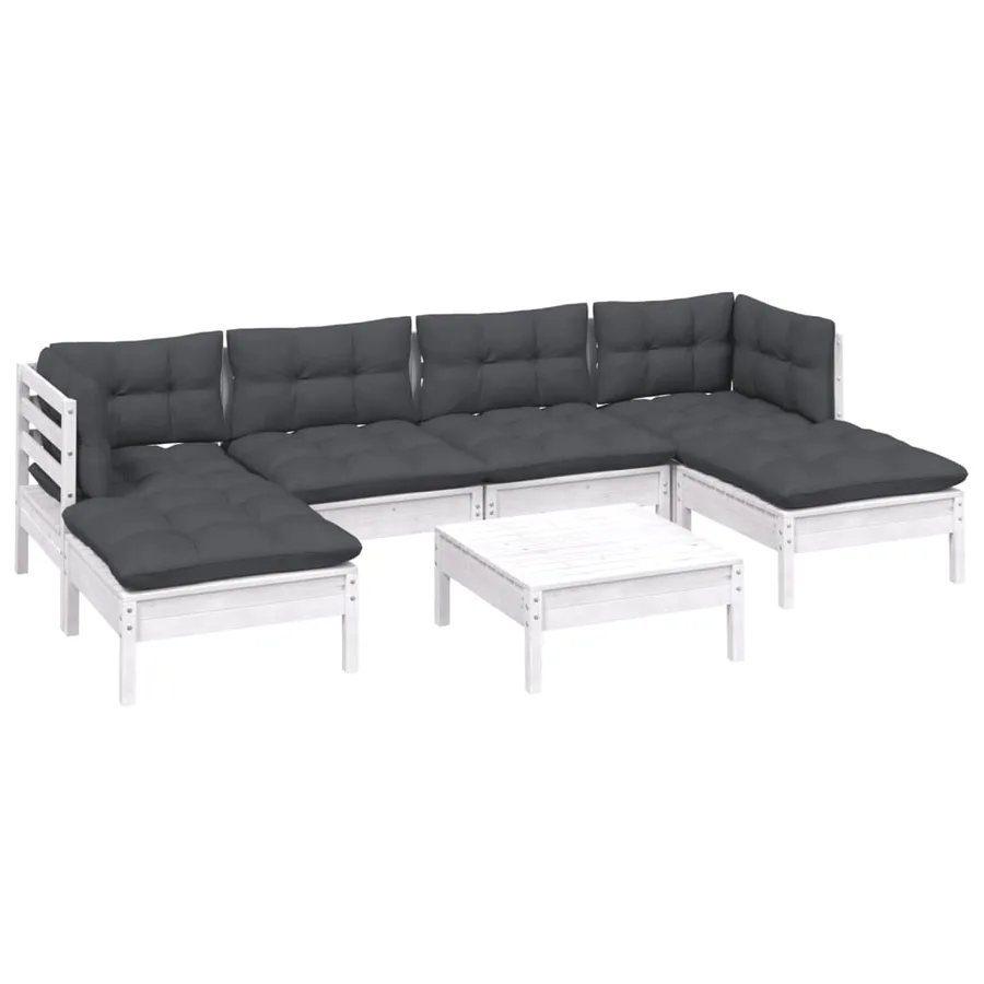 Salon de jardin 7 pcs avec coussins blanc bois de pin - 3