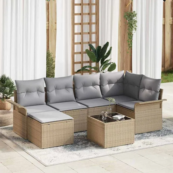 Ensemble de canapé de jardin 7 pcs Beige Poly rotin