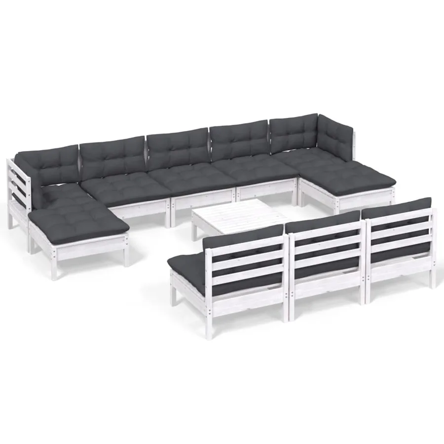 Salon de jardin 11 pcs avec coussins blanc bois de pin - 2