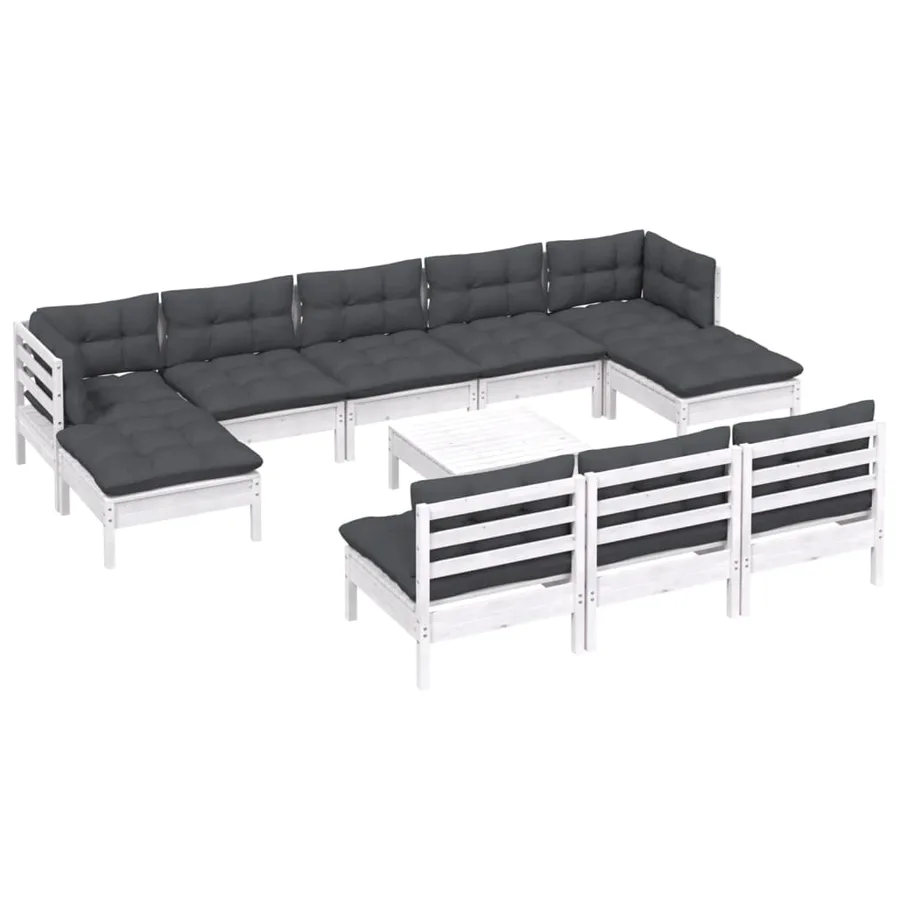 Salon de jardin 11 pcs avec coussins blanc bois de pin - 3