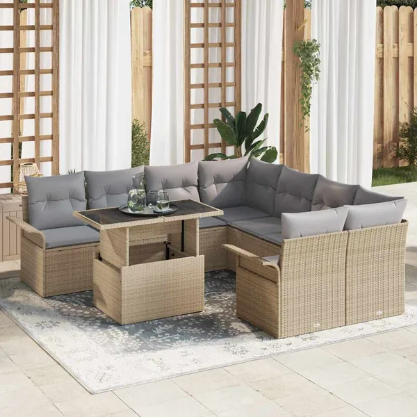 Ensemble de canapé de jardin 9 pcs Beige Poly Rattan