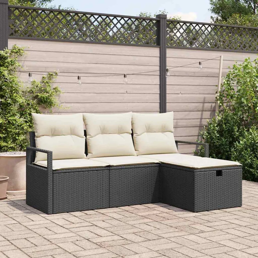 Ensemble de Canapés avec coussin 4 pcs Noir et Crème polyrotin