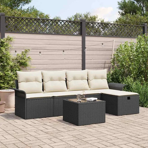 Ensemble de canapé de jardin 6 pcs Noir et Crème polyrotin