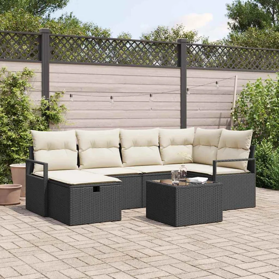 Ensemble de Canapés avec coussin 7 pcs Noir et Crème polyrotin