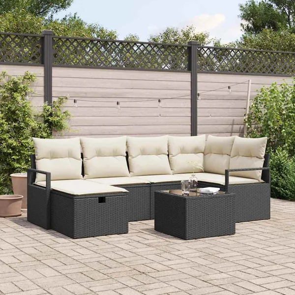 Ensemble de Canapés avec coussin 7 pcs Noir et Crème polyrotin
