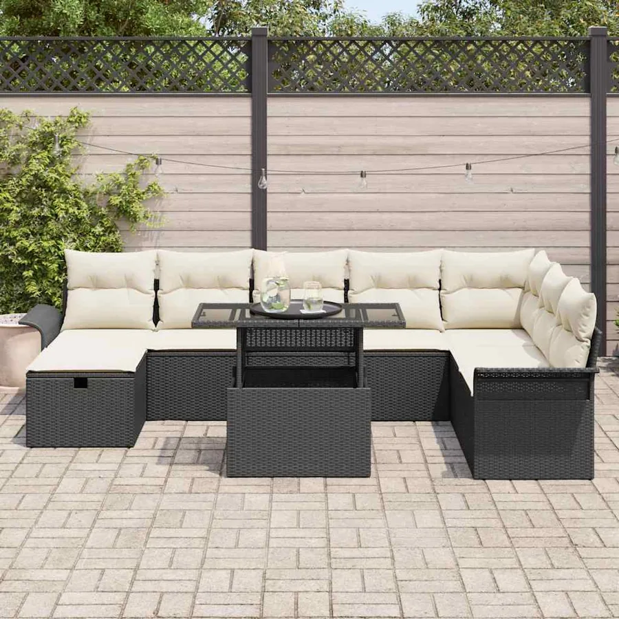 Ensemble de canapé de jardin avec coussin 9 pcs Noir Poly rotin - 3