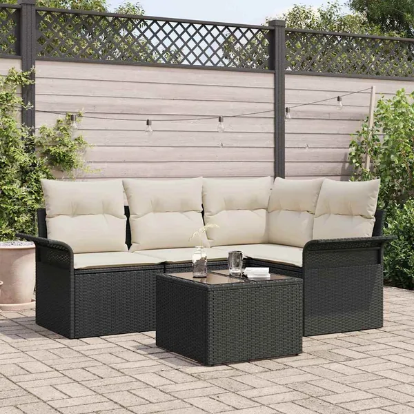 Ensemble de canapé de jardin avec coussin 5 pcs Noir polyrotin
