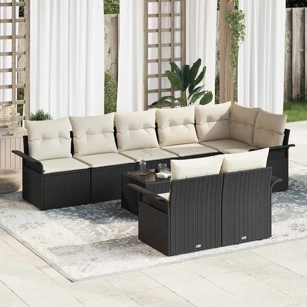 Ensemble de canapé de jardin avec coussin 9 pcs Noir polyrotin