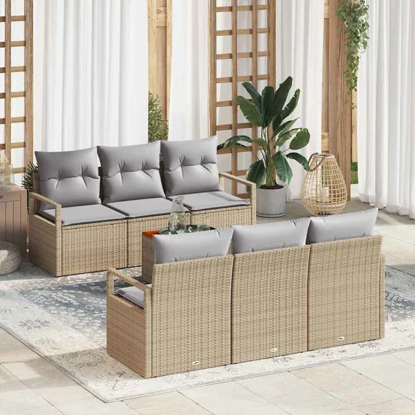 Ensemble de canapé de jardin avec coussin 7 pcs Beige polyrotin