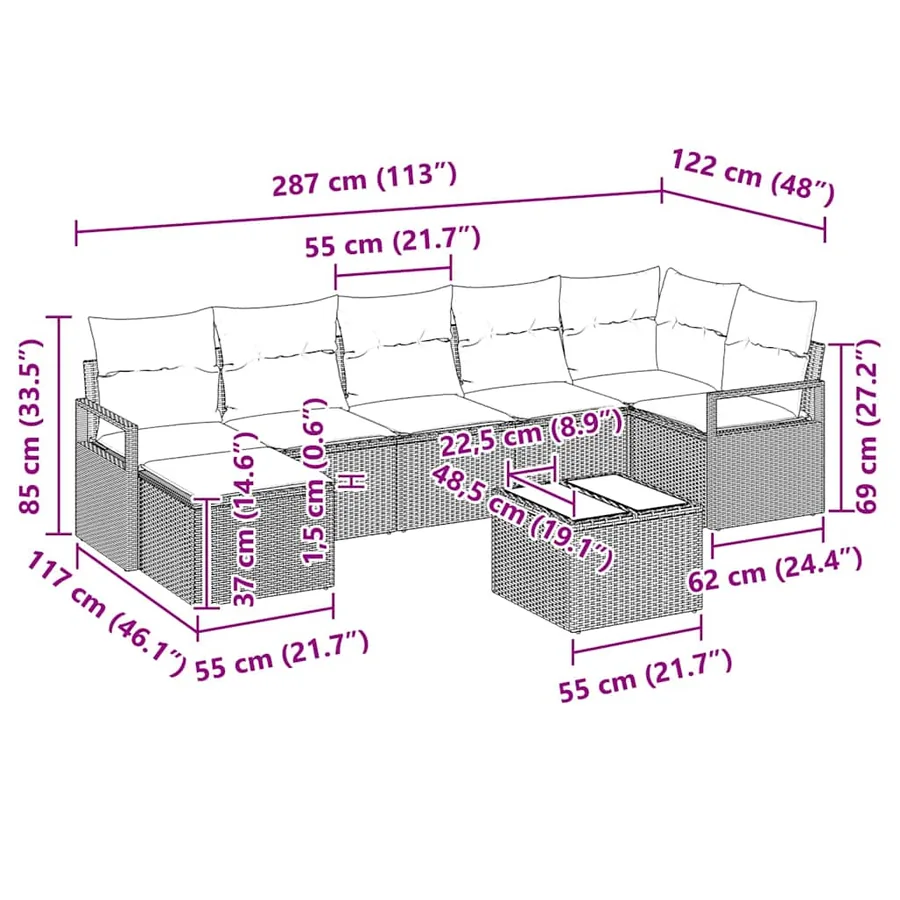 Ensemble de Canapés avec coussin 8 pcs Noir polyrotin - 8
