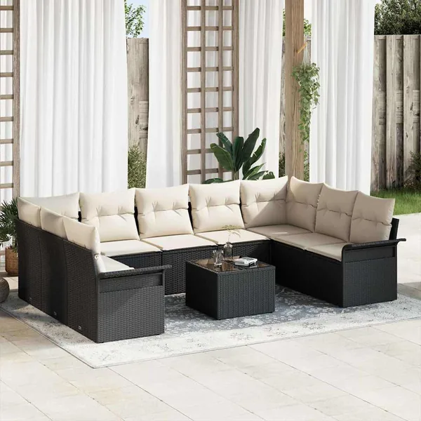 Ensemble de canapé de jardin avec coussin 10 pcs Noir polyrotin