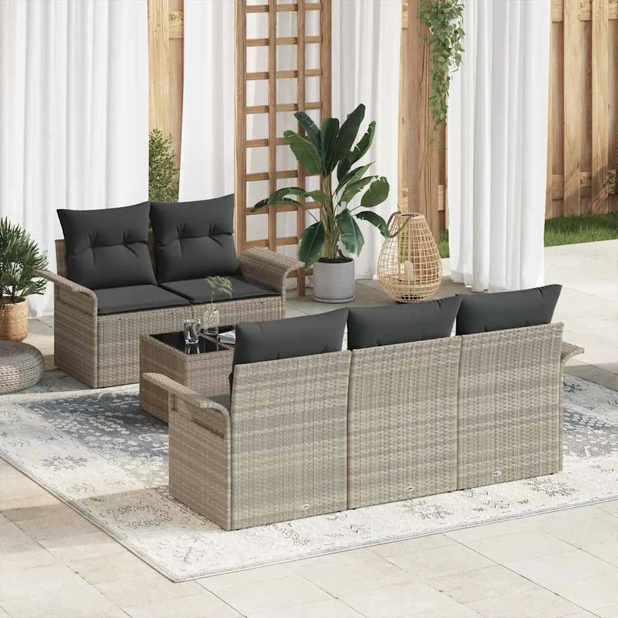 Ensemble de Canapés avec coussin 6 pcs Gris clair polyrotin