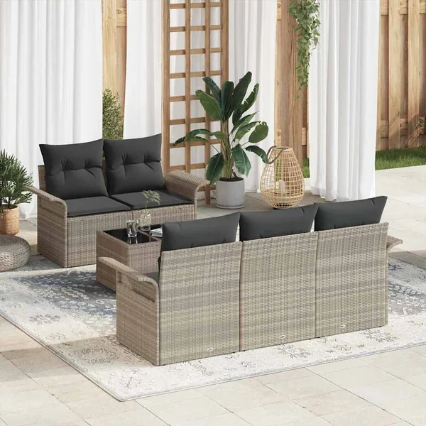 Ensemble de Canapés avec coussin 6 pcs Gris clair polyrotin