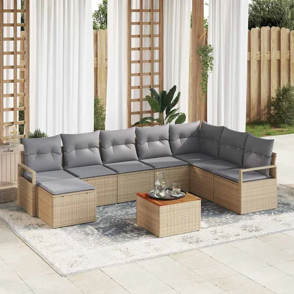 Ensemble de canapé de jardin avec coussin 9 pcs Beige polyrotin