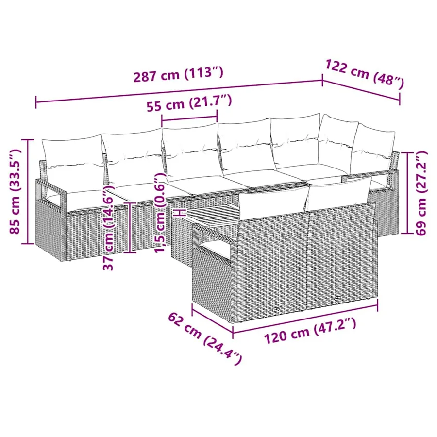 Ensemble de canapé de jardin avec coussin 9 pcs Beige polyrotin - 9