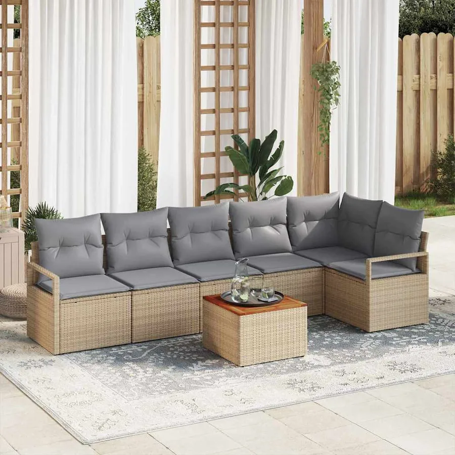 Ensemble de canapé de jardin avec coussin 7 pcs Beige polyrotin